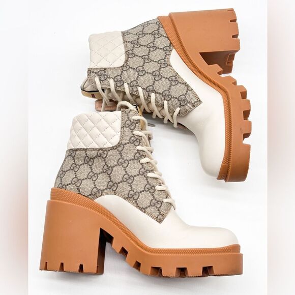 Gucci Apollo GG Monogram Trip Combat Boots White Leather GG Canvas EU 38 US 8 - Picture 3 of 14